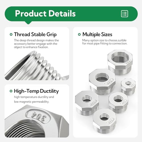 TAISHER 5PCS 304 Stainless Steel Reducer Hex Bushing, 1" NPT Male x 3/8" NPT Female, Reducing Pipe Adapter Fitting