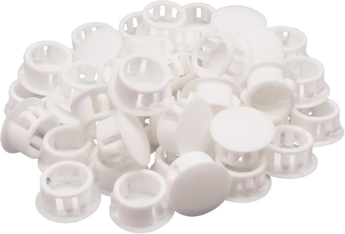 Hole Plugs 5/8" Plastic Flush Type Hole Plugs for Hole Snap in Locking Hole Tube Screw Caps Drilling Cover Plugs Fastener Covers for Kitchen Cabinet Furniture Black 50 Pack - White