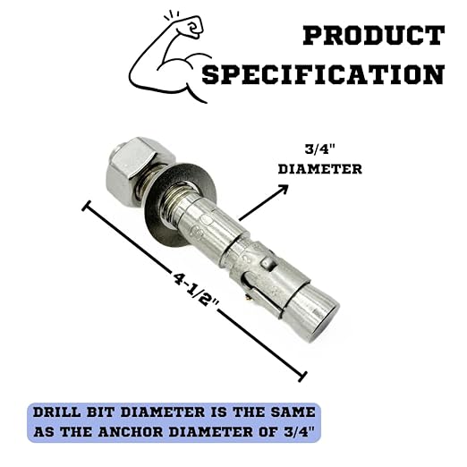 Wedge Anchors – Heavy-Duty 304 Stainless Steel Expansion Bolts for Concrete & Masonry, Rust-Resistant & Durable - 3/4" X 4-1/2" - 10 Pack