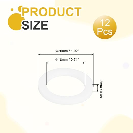 MECCANIXITY PTFE Flat Washers, 12Pack 26mm OD 18mm ID 2mm Thick Sealing Spacer Gasket Ring for Faucet Pipe Hose Bolt Machinery, White