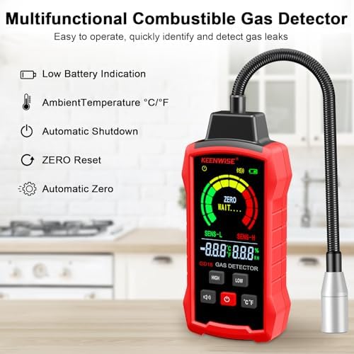Natural Gas Detector, Gas Leak Detector with Audible & Visual Alarms, Gas Concentration Display, Locating Propane, Natural Gas, Combustible Gas Leak for Home and RV (Includes 3 Batteries)