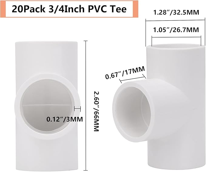 20 Pack 3/4in Tee 3 Way PVC Pipe Fittings Connector, Furniture Build Grade SCH40 Elbow Fitting for DIY Garden Shelf (Socket x Socket Socket) Contractor