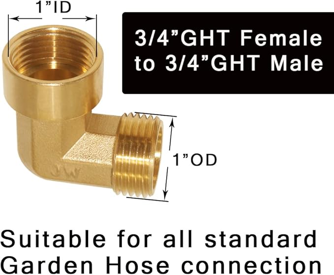 Joywayus 90-Degree Elbow Garden Hose Pipe Fitting（Non swiveling Fitting） Forged Brass Right Angle 3/4" GHT Female x 3/4" GHT Male (Pack of 2)