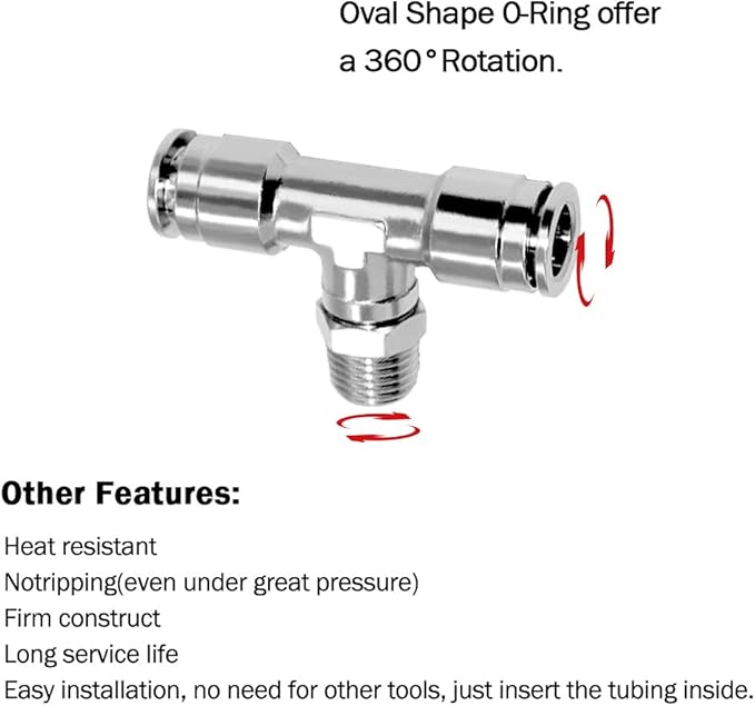 Beduan Push to Connect Tube Fitting Union Tee, Copper Nickle-Plated 1/4" Tube OD x 1/4" NPT Male Thread Shaped Union Adapter Fitting (Pack of 2)