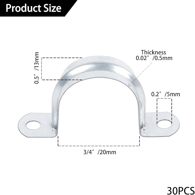 3/4 Inch（20 mm） Reinforced Rigid Pipe Strap,30 PCS 2 Holes U Bracket Cable Clamp Hanger,Zinc Coated Tension Tube Clip,Conduits Strap Clamps for Pipe Fixing on Various Surfaces