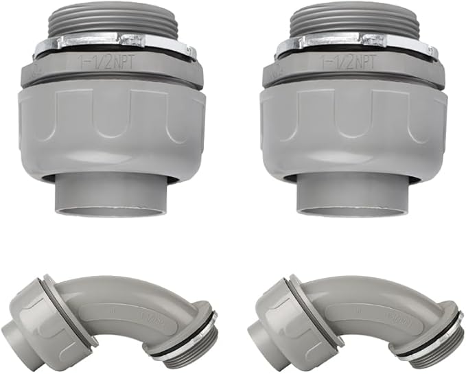 Conduit Connectors, 1-1/2 Inch Liquid Tight Connector NPT Non-Metallic for PVC Electrical Flexible Conduit Fittings, 2 Straight and 2 Angle 90 Degree, UL Listed, Grey (4-Pack)