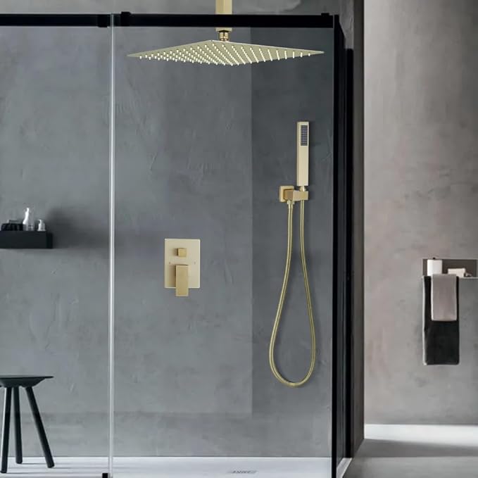 16 Inch Ceiling Mount Brushed Gold Shower System Bathroom Luxury Rain Mixer Shower Combo Set Ceiling Rainfall Shower Head System (Contain Shower Faucet Rough-in Valve Body and Trim Kit)
