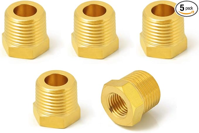 Brass Reducer Hex Bushing, 1/4" Male NPT to 1/8" Female NPT, Reducing Pipe Adapter Fitting (Pack of 5)