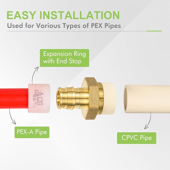12 Pack 1/2" Pex-A x 1/2" CPVC Transition Adapter Heavy Duty Brass Barb PEX Fittings for for PEX-A and cPVC Pipe Connection,Lead-Free Brass NSF/ANSI 61 NSF 372 Certificate, ASTM F1960