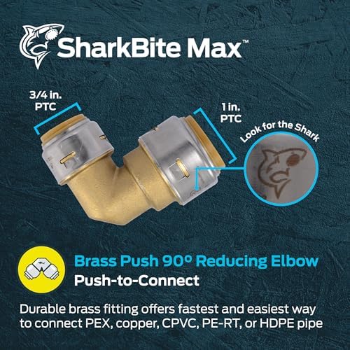 SharkBite Max 1 x 3/4 Inch 90 Degree Reducing Elbow, Push to Connect Brass Plumbing Fitting, PEX Pipe, Copper, CPVC, PE-RT, HDPE, UR278A