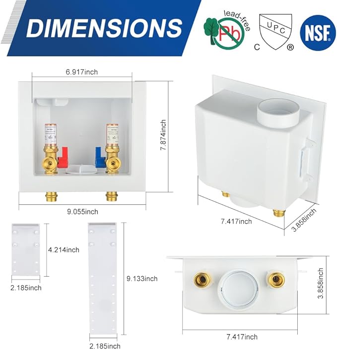 EFIELD Washing Machine Outlet Box, 1/2-inch Copper Press Inlet with Center Drain with Copper Water Hammer Arrestor,(WM057)