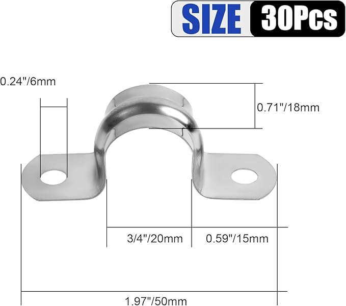 30Pcs 3/4 Inch Stainless Steel Conduit Clamps, 2 Hole Strap U Bracket Rigid Pipe Strap, Tension Clips U-Tube Clamp for Pipe Fixing on Various Surfaces