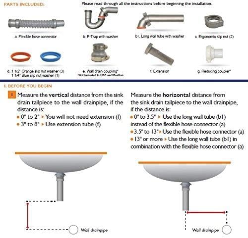 Snappy Trap Universal Flexible P Trap Bathroom Sink Drain Plumbing Kit, No Leaks, Easy No Tool Installation, 9-13 Inches Flexible Hose Length & 16 Inches Product Length (DK-105 Silver)