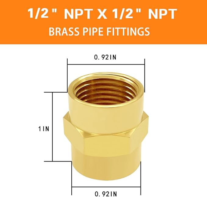 Brass Pipe Fitting NPT Coupler, 1/2" x 1/2" Standard NPT Female thread (pack of 4)