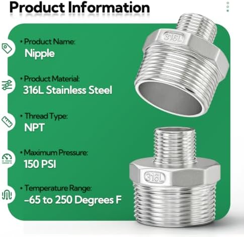 TAISHER 2PCS 316L Hex Nipple, Pipe Fitting 1-1/2"x 1/2" Male NPT