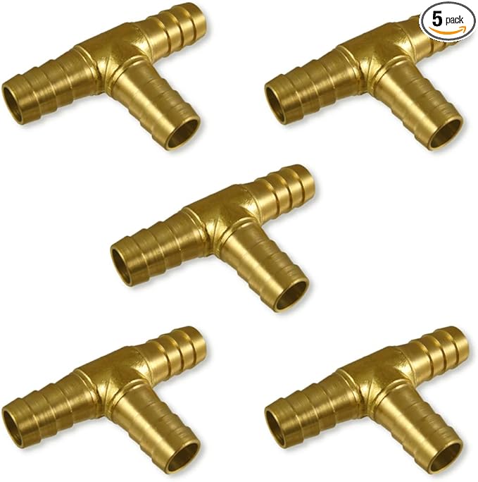 1/4" Brass Hose Mender Tee Barb Union/Connector 3-Way Fitting | 179-0404C (5-PACK)