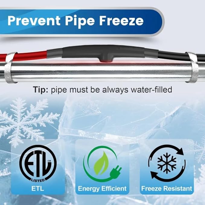 18 FT Heat Tape for Water Pipes Freeze Protection with Thermostat, Electric Heat Trace Pipe Heating Cable Energy-Saving 120V 7W/FT