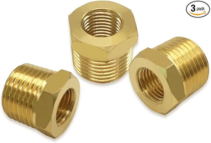 Hooshing 3PCS Brass Reducing Hex Bushing 1/2" NPT Male x 1/4" NPT Female Thread Pipe Fitting Adapter