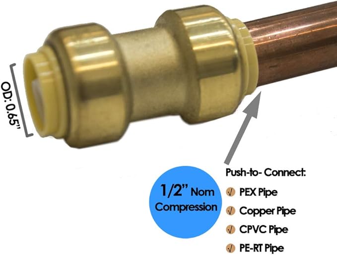 HQMPC Straight Coupling Push Fit PEX Fittings, 1/2" Push-to-Connect Copper, CPVC, Lead No Pb Brass Plumbing Fittings (6, 1/2 Inch(1/2"))