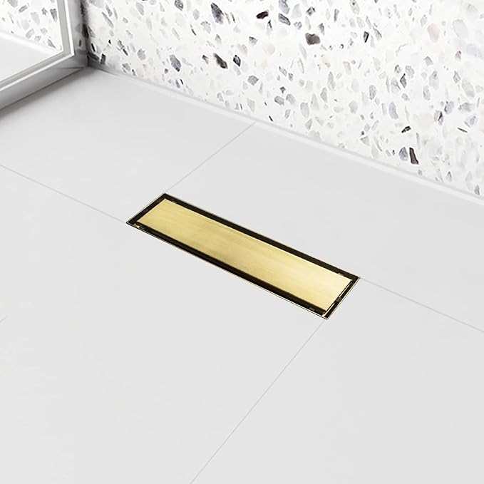 Linear Shower Drain, 12 inch Gold Drain with Tile Insert 2-in-1 Panel, Brushed 304 Stainless Steel Gold Shower Floor Drain, Linear Drain with Hair Strainer and Adjustable Feet