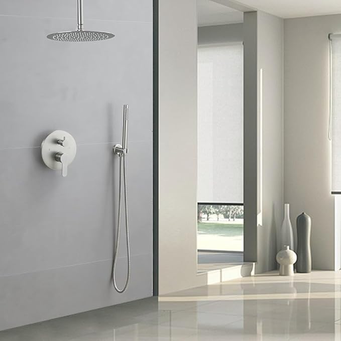 Brushed Nickel Ceiling Mount Round Rain Shower System with 12 Inch Shower Head and Handheld Bathroom Shower Set Contain Shower Faucet Trim Kit (Mixer Valve Included)