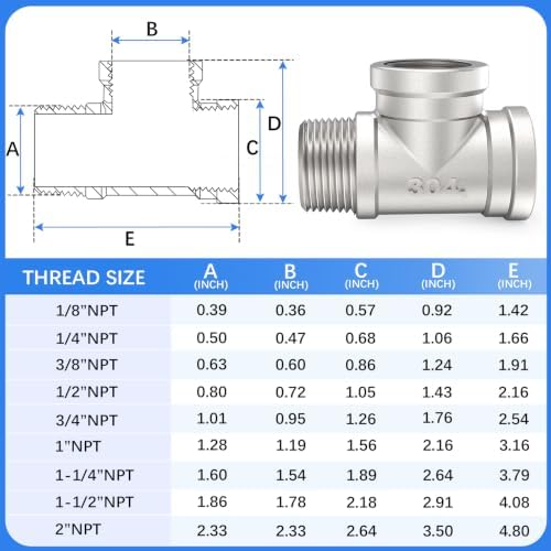 ChillWaves 304 Stainless Steel Pipe Fitting, Male Run Tee 1-1/4" NPT Female x 1-1/4" NPT Female x 1-1/4" NPT Male Thread Adapter(1-PACK)