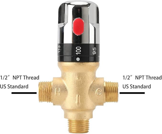 TreMax Thermostatic Mixing Valve, Shower Mixing Valve with NPT Thread US Standard, Temperature Constant Control Valve, Fahrenheit Scale Mark, Solid Brass- Golden