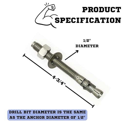 Premium 316 Stainless Steel Wedge Anchor, 1/2"-13 X 4-3/4" – Heavy Duty Corrosion Resistant Fastener for Concrete and Masonry Applications 10 Pack
