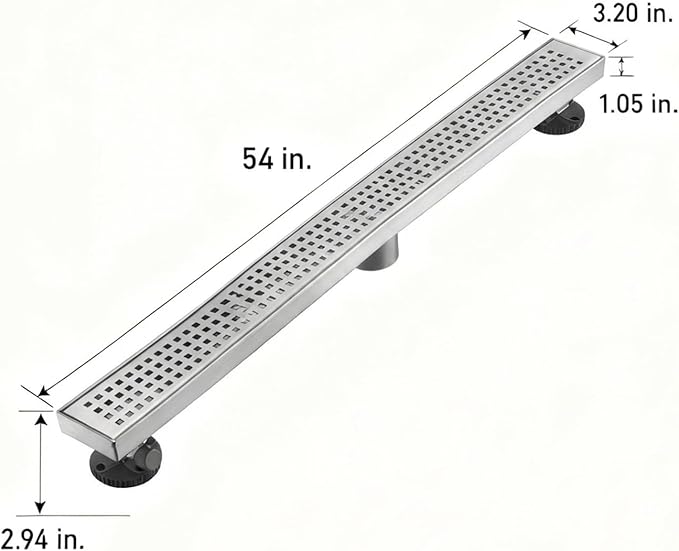 Linear Shower Floor Drain, Brushed Nickel 54 Inch 304 Stainless Steel Bathroom Drains Kit, Long Rectangular Shower Trench Drain with Square Pattern Drain Cover & Hair Catcher