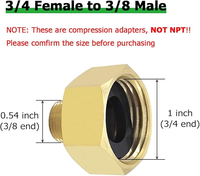 Hooshing 2PCS 3/4 GHT Female to 3/8 Compression Male Thread Reducer Faucet Adapter Brass Water Line Fittings Water Supply Adapter for Kitchen Bathroom Plumbing