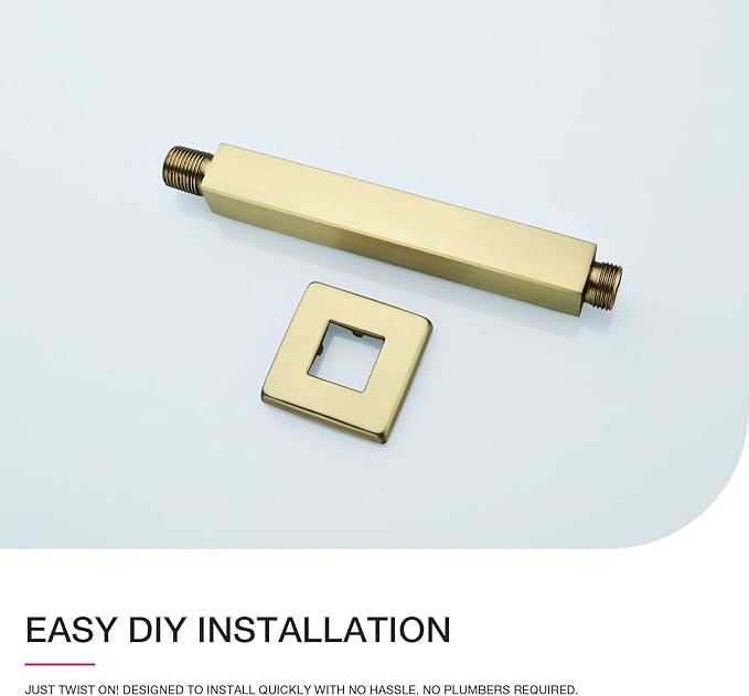 Brushed Gold Shower Arm with Flange 6 Inch Straight Stainless Steel Top Rainfall Shower Head Extension Pipe Square Shaped
