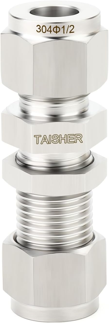 TAISHER 1PCS 304 Stainless Steel Thru-Bulk Bulkhead Compression Tube Pipe Fitting Connector, 1/2" Tube OD x 1/2" Tube OD Straight Adapter