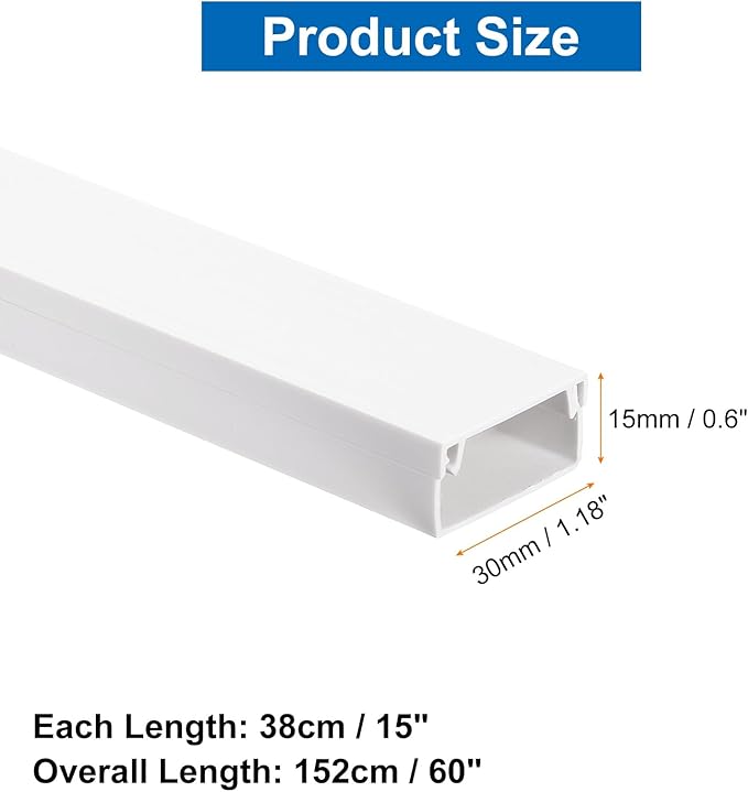 HARFINGTON 4pcs Cord Hider Wall 15inx1.18inx0.6in (LxWxH) PVC Cable Cover Self Adhesive Wire Hider Wall Mounted TV Cable Raceway for Cables Management (60in Total Length),White