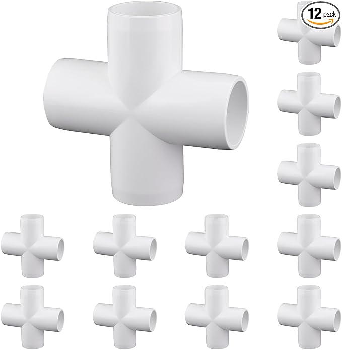 12-Pack 1" PVC Fittings Cross, Furniture Grade 1 Inch PVC Pipe Fittings 4 Way, UV Resistant, Fits SCH40 Pipe DIY Garden Shelves, Greenhouse, Shelf