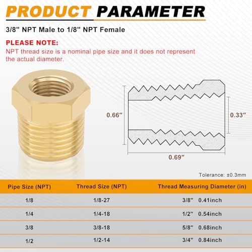 KOOTANS 4pcs 3/8 NPT Male x 1/8 NPT Female Brass Reducer Hex Bushing