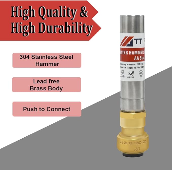 2 PCS Stainless Steel Water Hammer Arrestor 1/2 Inch Push to Connect Pex Copper CPVC, Push-Fit Hammer Arrestor