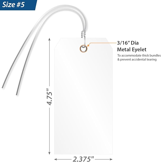 SmartSign White Plastic Tags with Pre-Attached Wires - 100-Pack, 4.75" x 2.375", Size#5, 10 mil Thick Tear-Proof Polylith Plastic Tags with Metal Eyelet, Writable Blank Tags for Shipping, Labeling