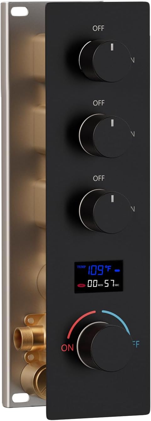 Shower Valve Concealed Shower Mixing Faucet with Temperature Display Function, Flow Control Brass Diverter Valve Kit, 3 Function Can Be Activated Simultaneously, Matte Black