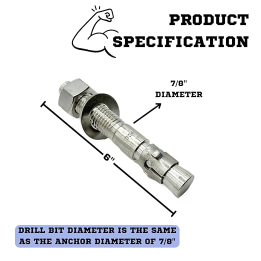 Wedge Anchors – Heavy-Duty 304 Stainless Steel Expansion Bolts for Concrete & Masonry, Rust-Resistant & Durable - 7/8" X 6" - 5 Pack