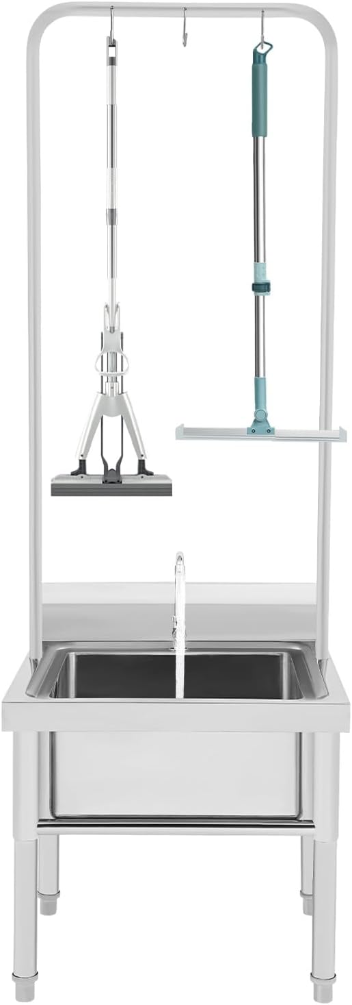 Stainless Steel Floor Mop Sink with Hanging Rod & Hooks Mop Commercial Mop Sink with Faucet & Drain Filter for Restaurant, Garages, 23.6x23.6x68.9in