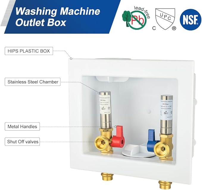 EFIELD Washing Machine Outlet Box, 1/2-inch Copper Press Inlet with Center Drain, White (SS Water Hammer Arrestor),(WM056)