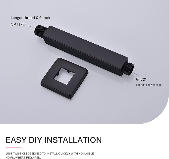 Black Shower Arm with Flange Square Ceiling Mounted Extension Pipe for Rainfall Shower Head, 6 Inches