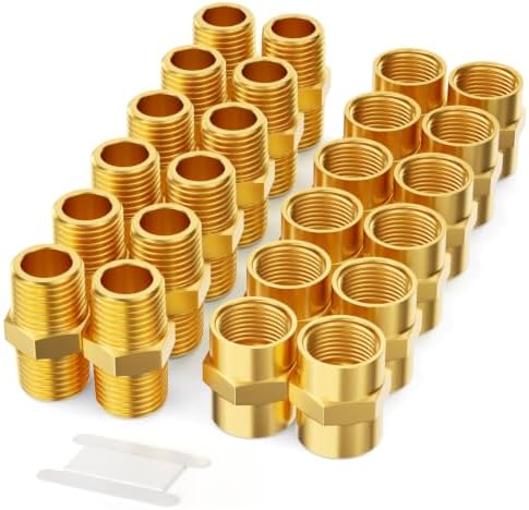 GASHER 24PCS Brass Pipe Fitting, Hex Nipple Brass Hex Coupler, 1/2" x 1/2" NPT Male Thread Pipe, 1/2Inch x 1/2Inch NPT Female Thread Pipe