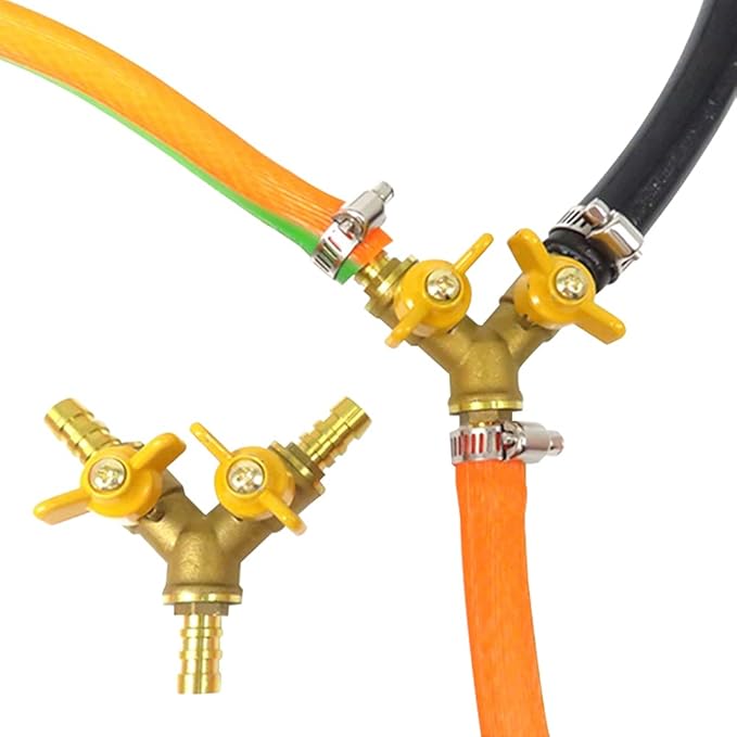 Joywayus Hose Barb Ball Valve 5/8" Hose Barb Y Shaped Type 3 Way with 2 Switch Brass Shut Off Ball Valve Fitting Include 3 Clamps