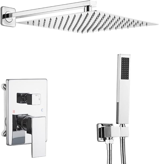 Polished Chrome Shower System 12 Inch Bathroom Luxury Rain Mixer Shower Combo Set Wall Mounted Rainfall Shower Head and Handheld System Shower Faucet Set Rough-in Valve Body and Trim Kit