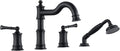 Roman Bathtub Faucet Set With Hand Shower 4 Hole Deck Mount Tub Filler With Diverter, 2 Lever Handle Rough-in Valve and Water Supply Lines Included for Bathroom Tub, Matte Black
