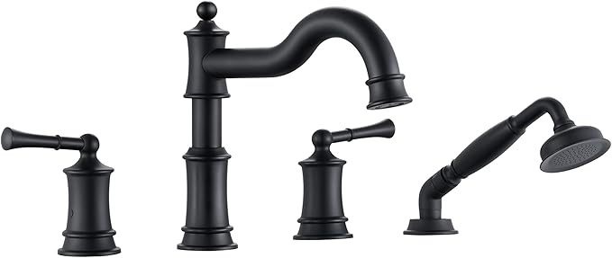 Roman Bathtub Faucet Set With Hand Shower 4 Hole Deck Mount Tub Filler With Diverter, 2 Lever Handle Rough-in Valve and Water Supply Lines Included for Bathroom Tub, Matte Black