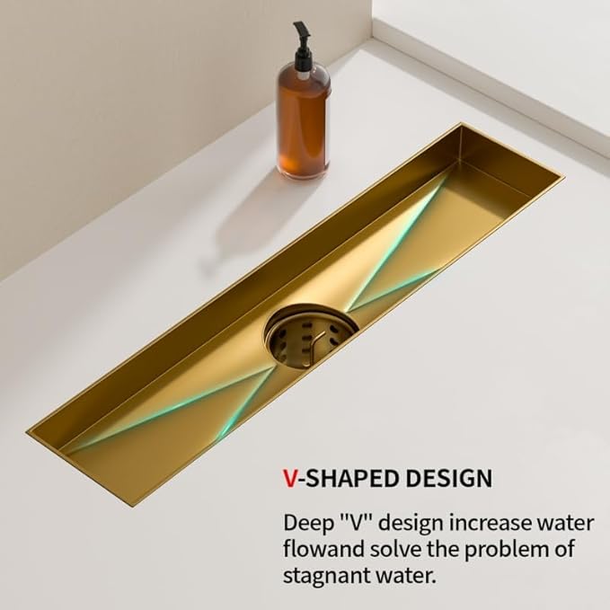 Linear Shower Drain, 304 Stainless Steel with Adjustable Leveling Feet, Hair Strainer,Reversely Install Place to Create an Invisible Floor Drain - Gold -16-Inch