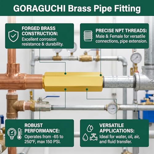 2PCS Brass Pipe Fitting, 1/2" NPT Male x 1/2" NPT Female Nipple, 4" Length for water/oil/air/fuel