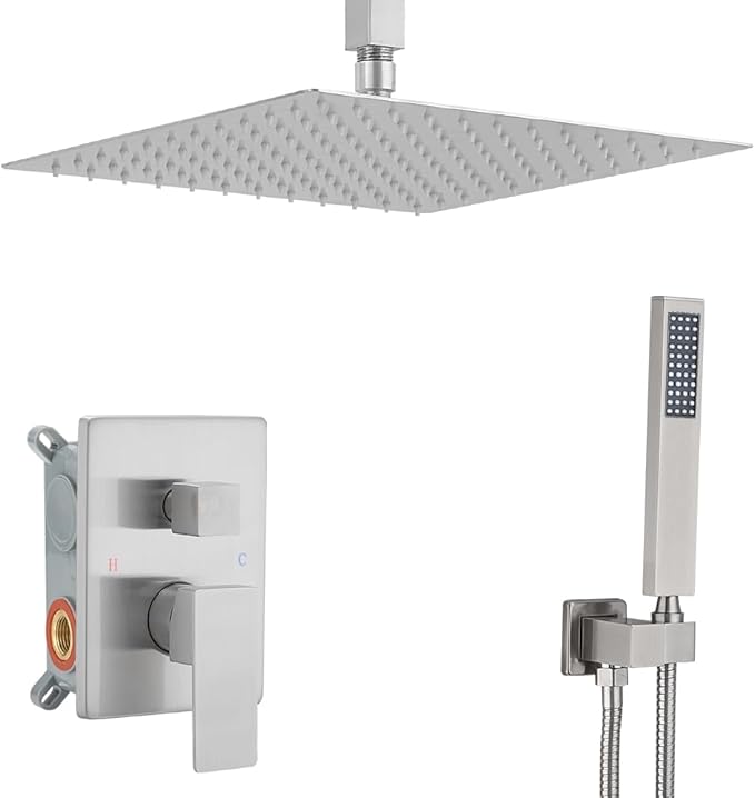 Brushed Nickel Shower System Bathroom 16 Inch Rain Shower Head Ceiling Mount with Handheld Luxury High Pressure Shower Combo Set Shower Faucet Rough-in Valve Body and Trim Kit